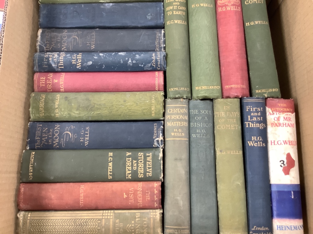Wells, H.G. – A Collection of (mostly) Novels: includes 1st editions of Anticipations (1902), The Passionate Friends (1913), The Food of the Gods (1904); 19 books in all